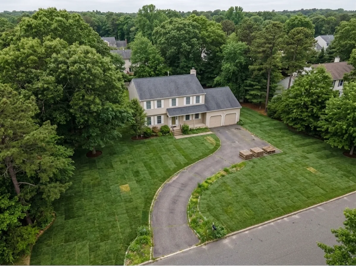 Aerial view of 8,500 sq ft of fresh sod the Sod Squad installed in one day in Howell, NJ